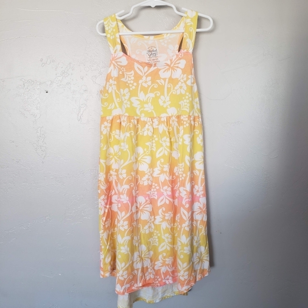 Faded Glory Girls Large 10/12 Sundress Yellow Orange Pink Hawaiian Dress Tank